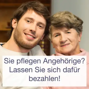 Junger Mann mit Mutter. Beide lächeln in die Kamera, weil er für die Betreuung entschädigt wird